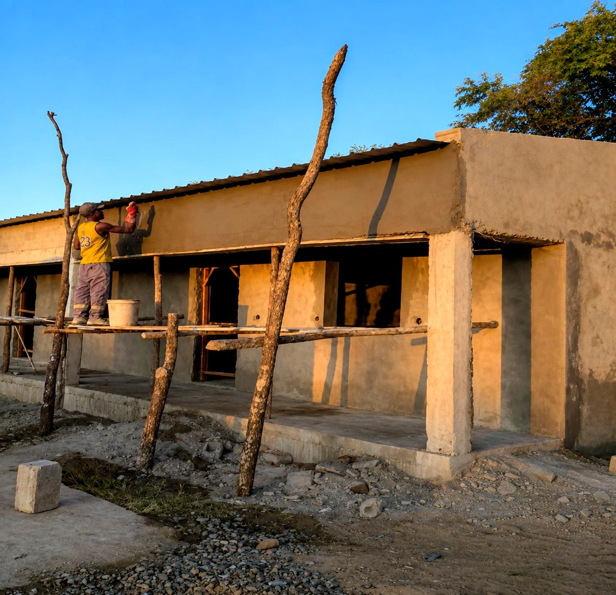 A builder plastering the new classroom block